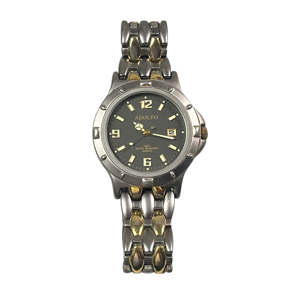 Adolfo Two Tone Quartz Watch Grey Dial Date Japan Movt 100FT Water Resist